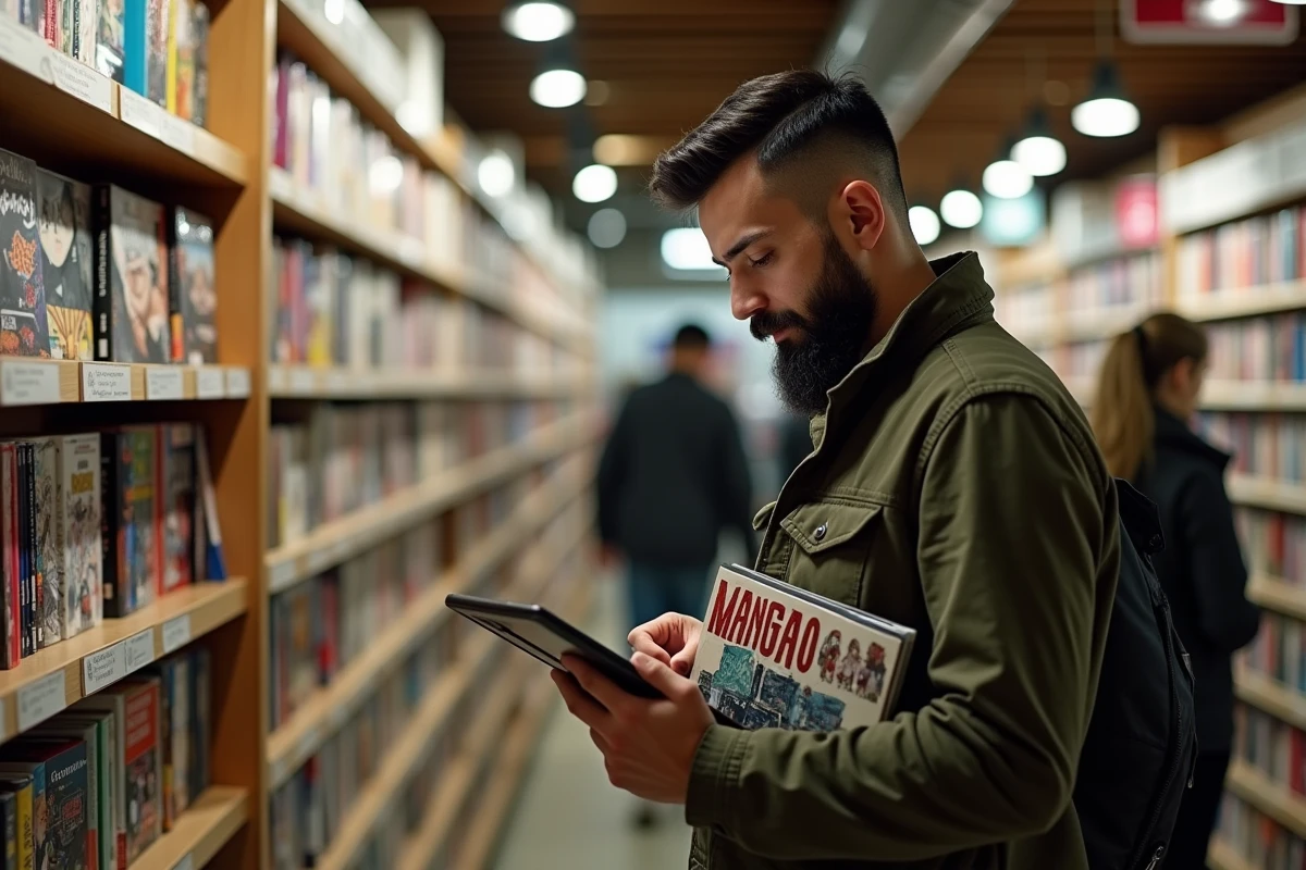 Homme passionné de manga découvrant le catalogue shonen et seinen de Mangas.io sur tablette dans une librairie spécialisée