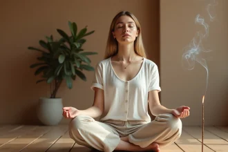 Femme en méditation profonde symbolisant la guérison intérieure et la connexion à la flamme jumelle au 03h03