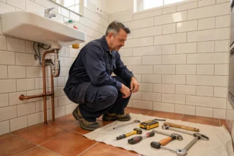 Plombier professionnel en train de travailler sous un lavabo dans une salle de bain toulousaine avec des carreaux en terre cuite