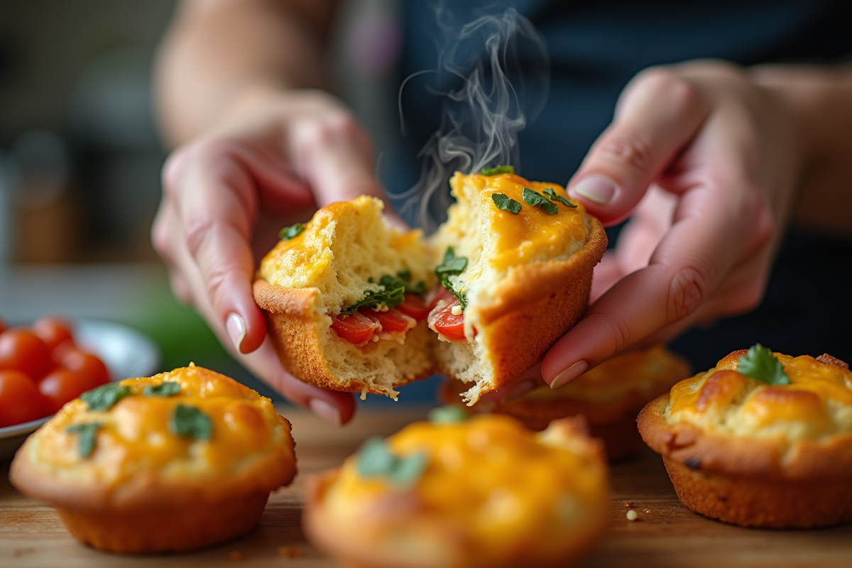 Mains cassant un muffin chaud avec fromage fondu et légumes colorés