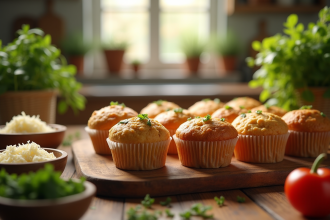Gros plan sur muffins salés sortant du four sur une table en bois