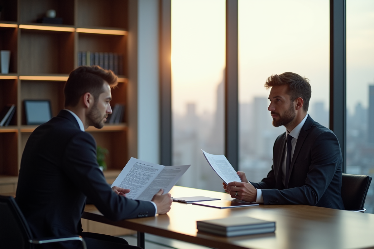 Deux professionnels en négociation avec contrat et bibliothèque