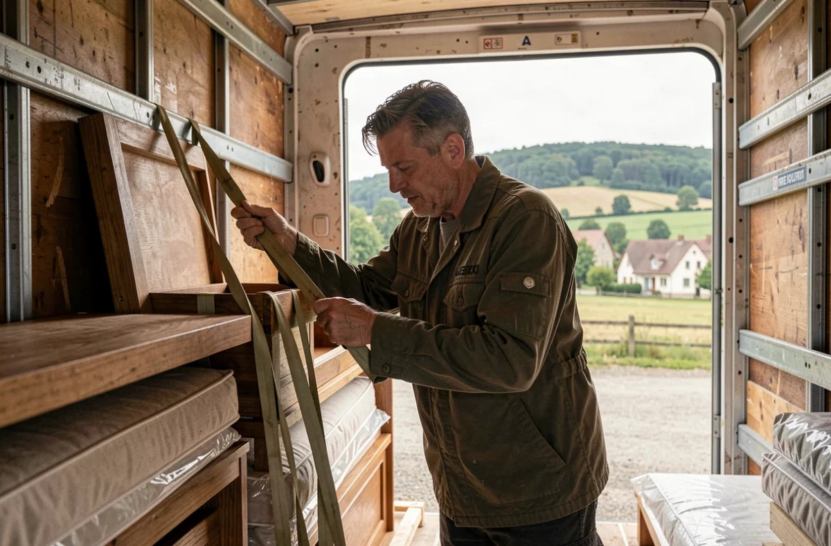 Un déménageur de Nicolas Maré sécurise les meubles dans le camion avec vue sur la campagne ardennaise