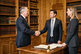 Notaire en costume sombre serrant la main de clients dans un bureau notarial traditionnel avec bibliothèque juridique