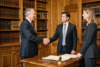 Notaire en costume sombre serrant la main de clients dans un bureau notarial traditionnel avec bibliothèque juridique