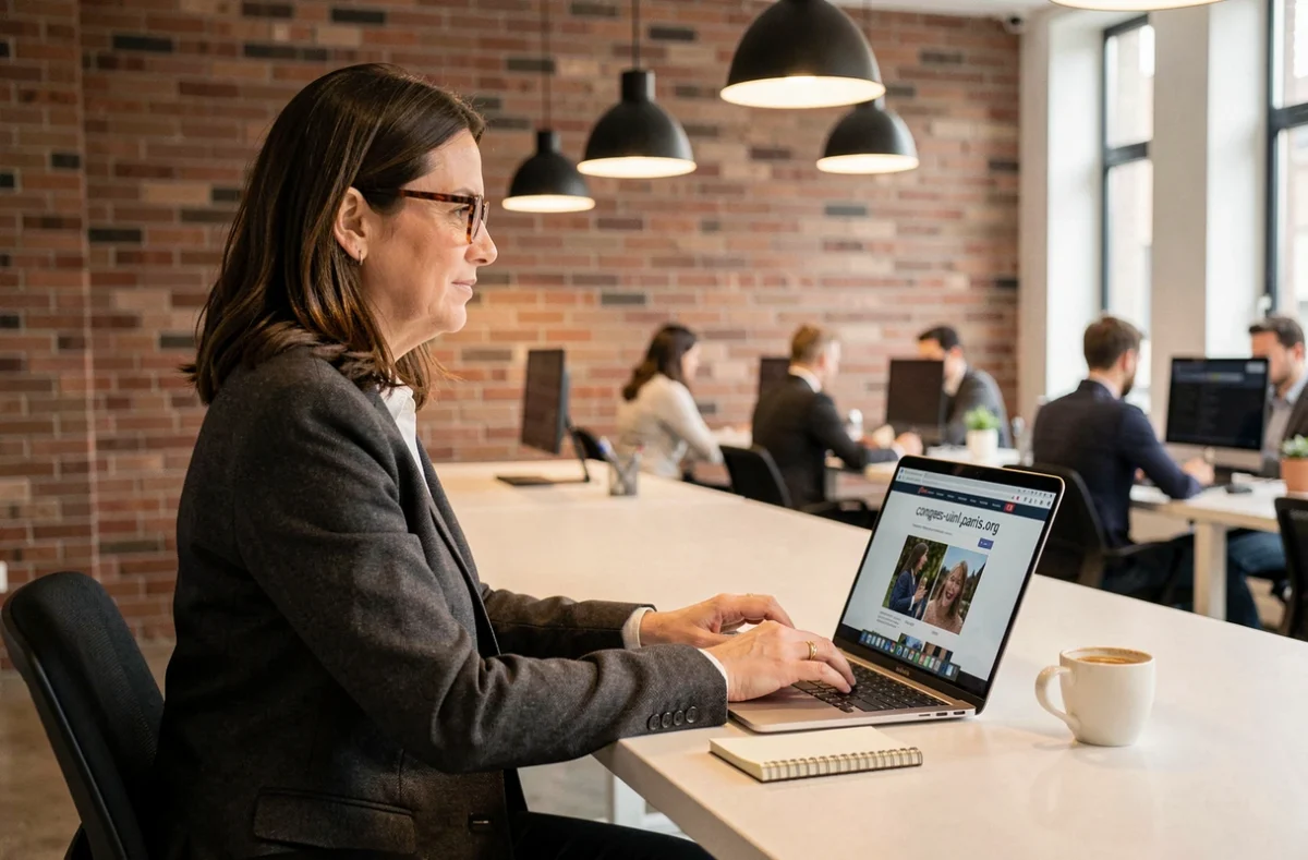 Notaire utilisant le site congres-uinl-paris.org depuis un espace de coworking moderne pour optimiser son étude