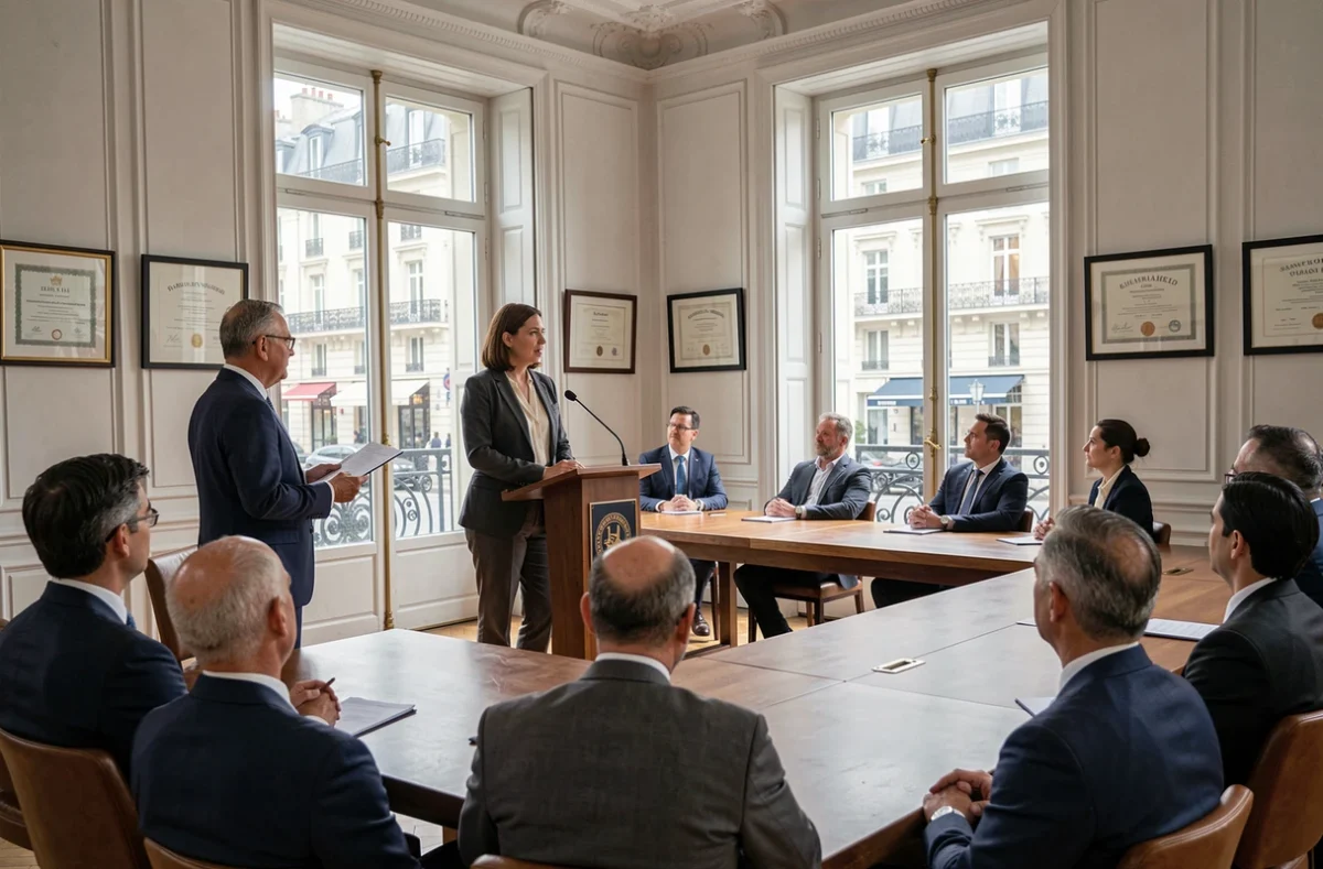 Notaire femme présentée formellement lors d'une réunion professionnelle dans une salle de conférence parisienne
