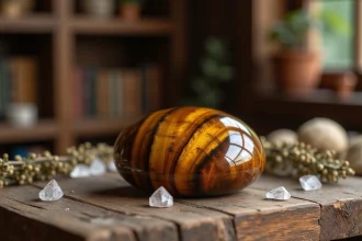 Pierre oeil de tigre polie posée sur une surface en bois rustique entourée d'herbes séchées et de cristaux de quartz