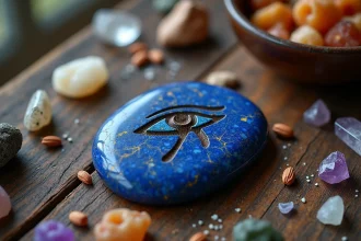 Pierre de lapis lazuli polie gravée d'un œil égyptien posée sur une surface en bois avec des cristaux naturels et des herbes séchées pour la lithothérapie