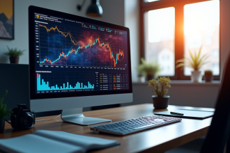Bureau avec ordinateur affichant graphiques blockchain colorés