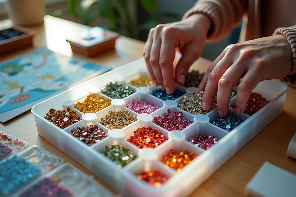 Mains organisant des drills de diamants colorés dans un plateau