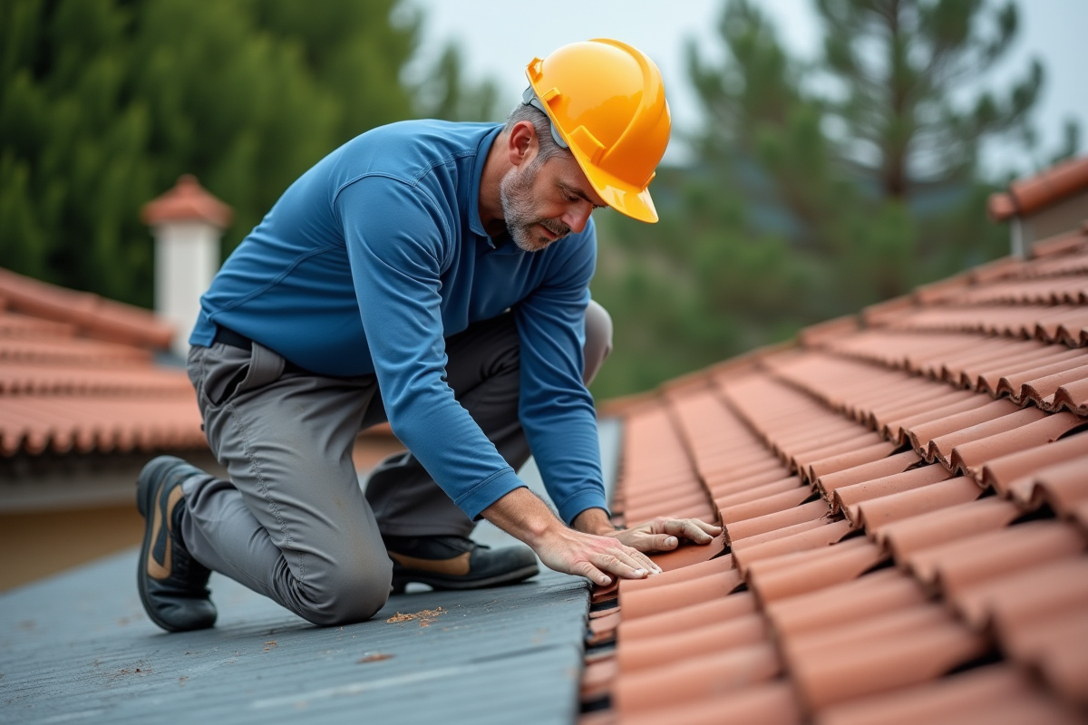Ouvrier pose des tuiles mécaniques sur un toit en pente
