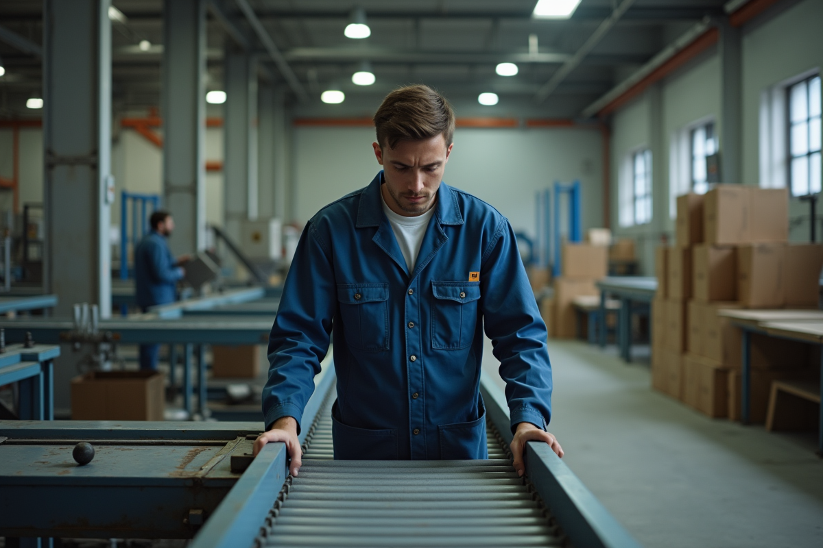 Jeune homme ouvrier en usine montrant frustration au travail