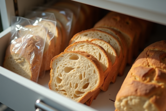 Pain rustique tranché dans un sac de congélation dans un tiroir