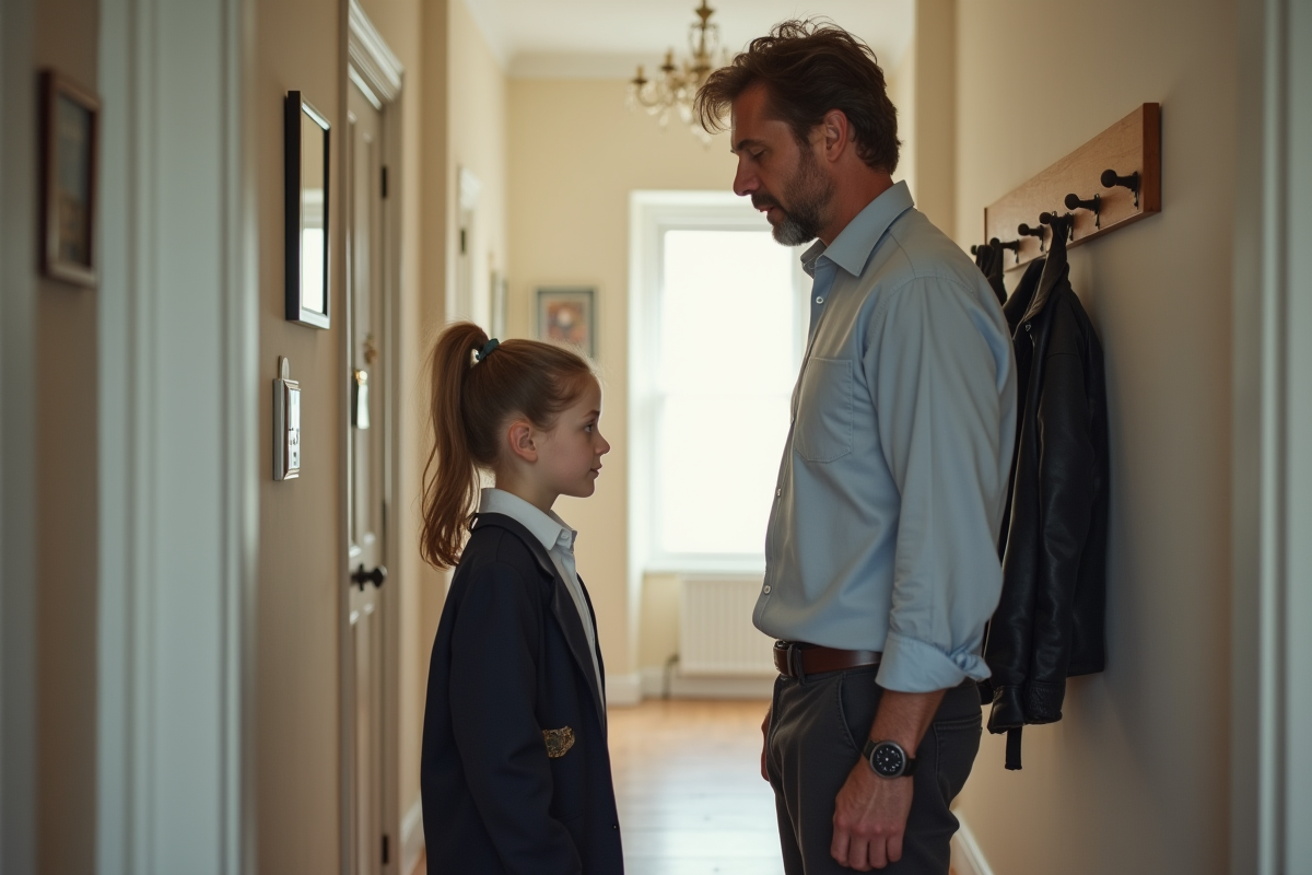 Père et fille discutant dans le couloir