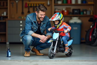 Père et fils souriants près de la moto Yamaha PeeWee 50 dans un garage familial