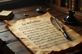 Partition manuscrite ancienne de La Marseillaise sur parchemin jauni avec plume et encrier sur table en chêne