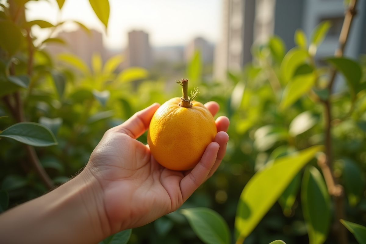 Personne tenant une starfruit dans un jardin urbain en balcon