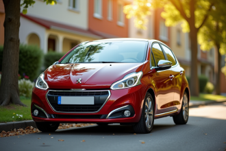 Voiture Peugeot 208 brillante en stationnement urbain