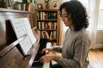 Pianiste adulte lisant une partition de Let It Be des Beatles posée sur un piano droit dans un salon cosy