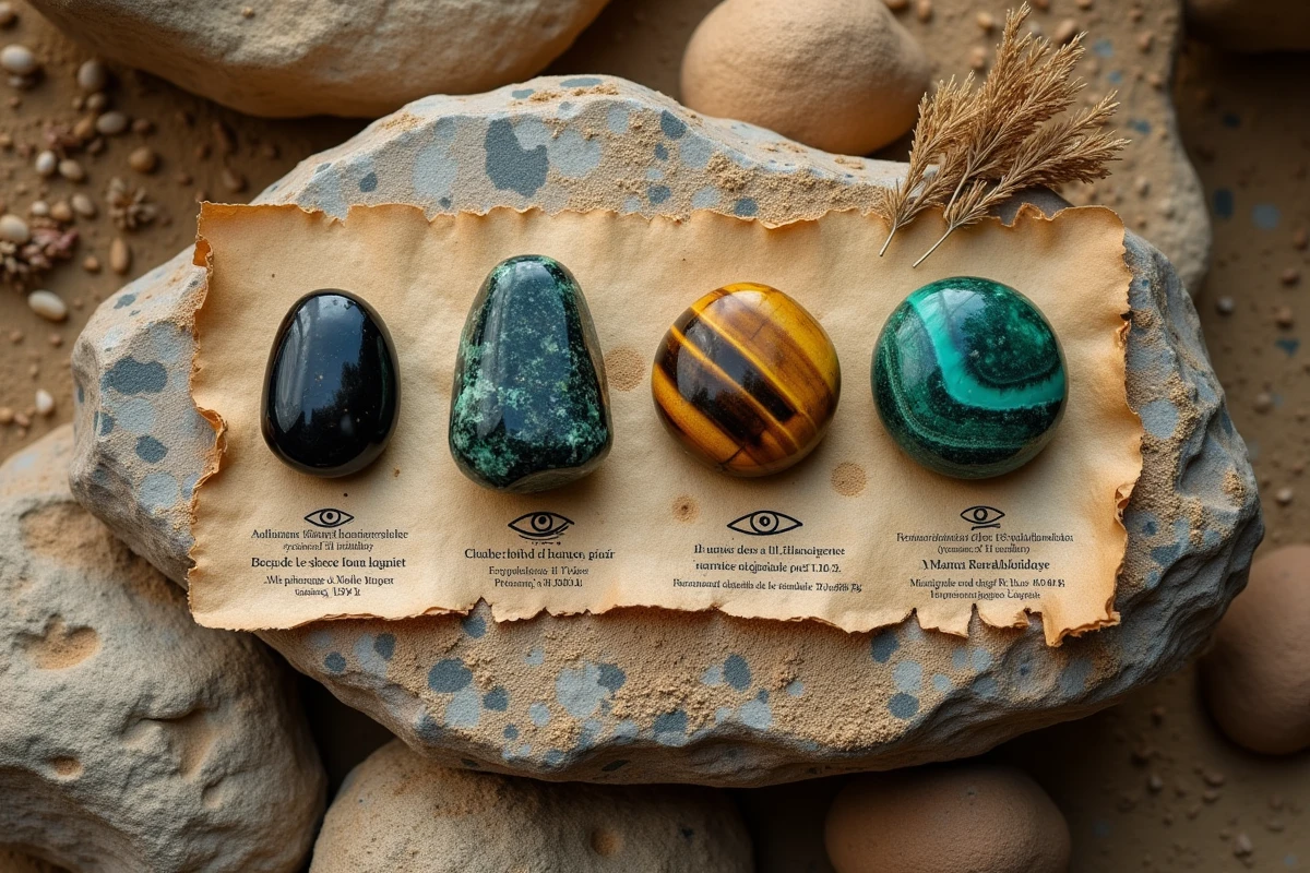 Disposition de pierres naturelles gravées du symbole de l'œil égyptien incluant l'œil de tigre la tourmaline noire et la malachite sur un fond en pierre pour la lithothérapie