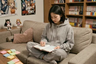 Jeune femme otaku planifiant son suivi d'animés dans un agenda hebdomadaire entourée de figurines et mangas chez elle