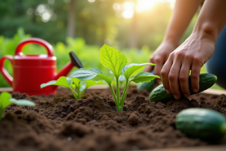 Mains plantant jeunes concombres dans sol riche et organique