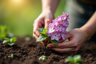 Mains de jardinier plantant un lilas dans un sol humide en plein air