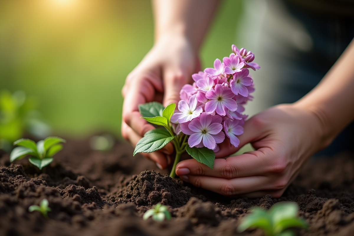 Mains de jardinier plantant un lilas dans un sol humide en plein air