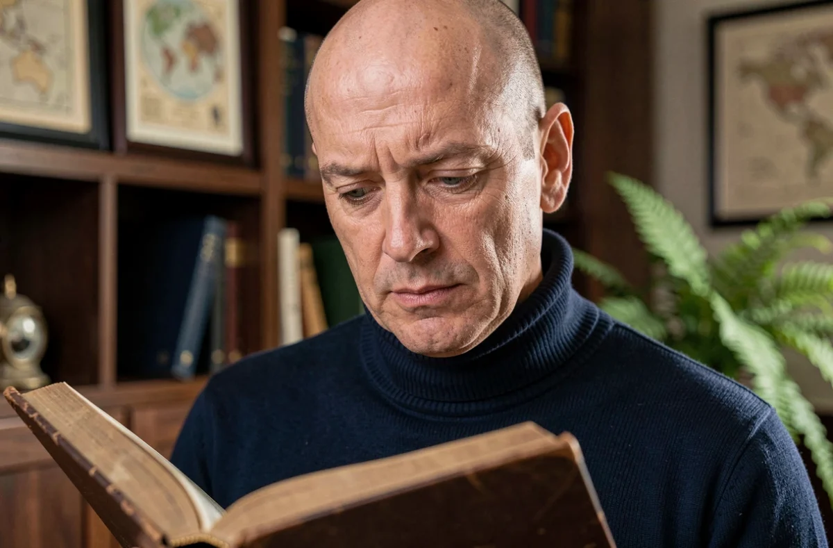 Portrait rapproché d'un homme chauve pensif tenant un livre ancien, évoquant la sagesse et les origines du professeur Charles Xavier