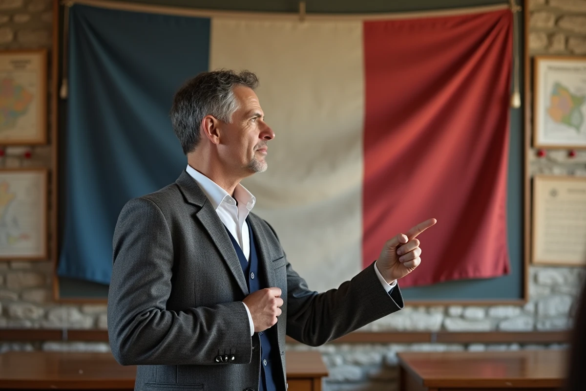 Professeur d'histoire expliquant les paroles de La Marseillaise devant un drapeau tricolore dans une salle de cours ancienne