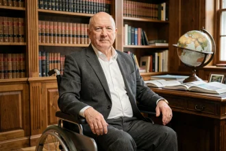 Homme chauve distingué en fauteuil roulant dans une bibliothèque académique évoquant le professeur Charles Xavier