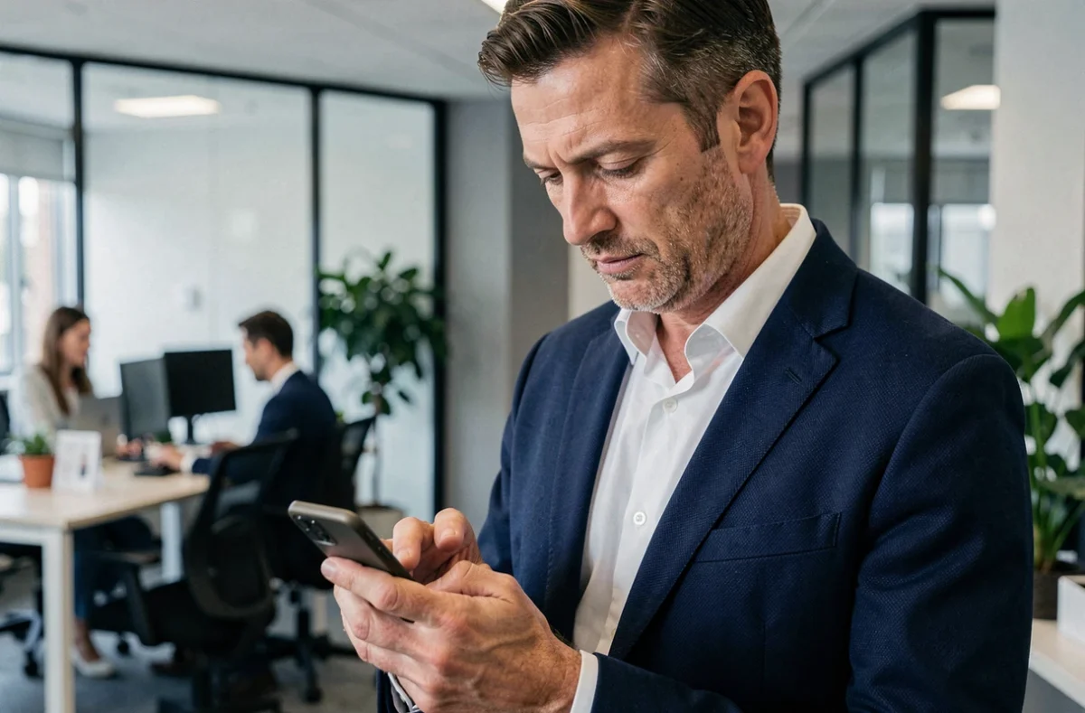 Homme en bureau professionnel composant un numéro de téléphone belge ou français sur son smartphone, indicatif +32 visible