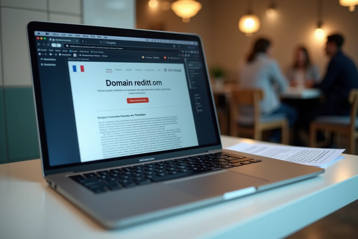 Ordinateur portable affichant une redirection de nom de domaine avec un document juridique à côté, symbolisant les risques légaux d'une redirection non autorisée vers un parti politique
