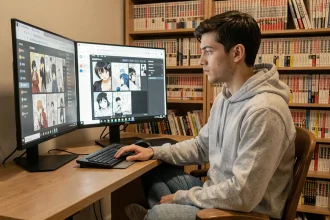 Jeune homme réglant les paramètres de lecture manga sur son ordinateur dans un bureau à domicile confortable