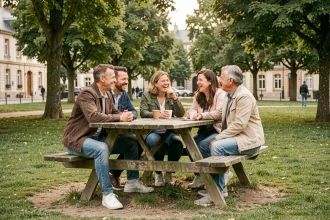 Groupe d'adultes souriants réunis autour d'une table en bois dans un parc de Cholet lors d'une rencontre amicale détendue
