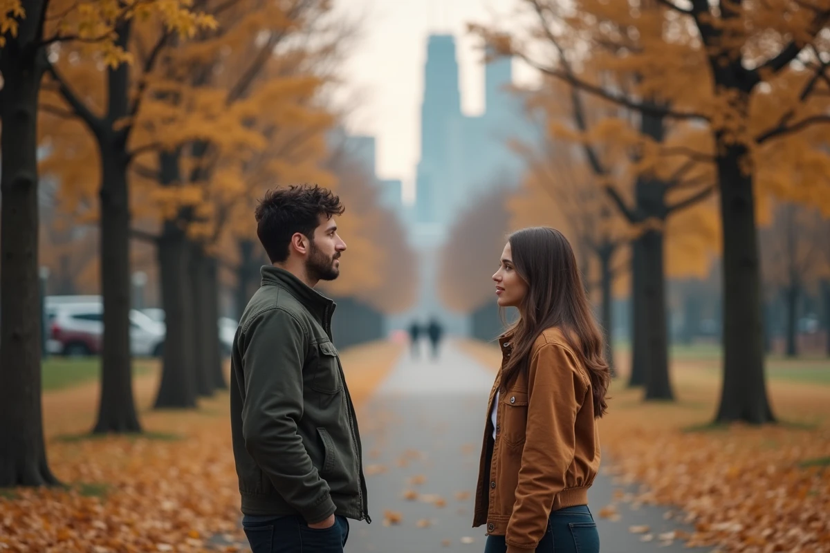 Deux âmes liées par la flamme jumelle se retrouvant symboliquement dans un parc en automne