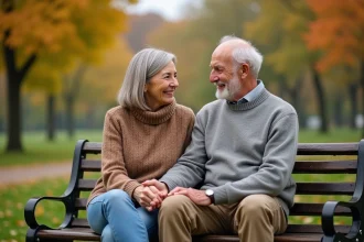 Femme et homme âgés souriant sur un banc dans un parc