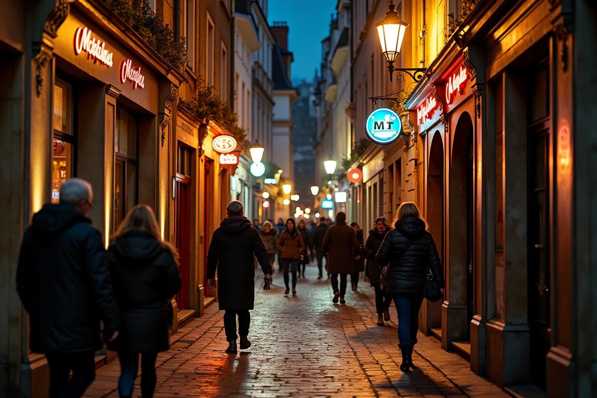 Rue piétonne animée du centre-ville de Lille la nuit avec plusieurs clubs et promeneurs en tenue de soirée