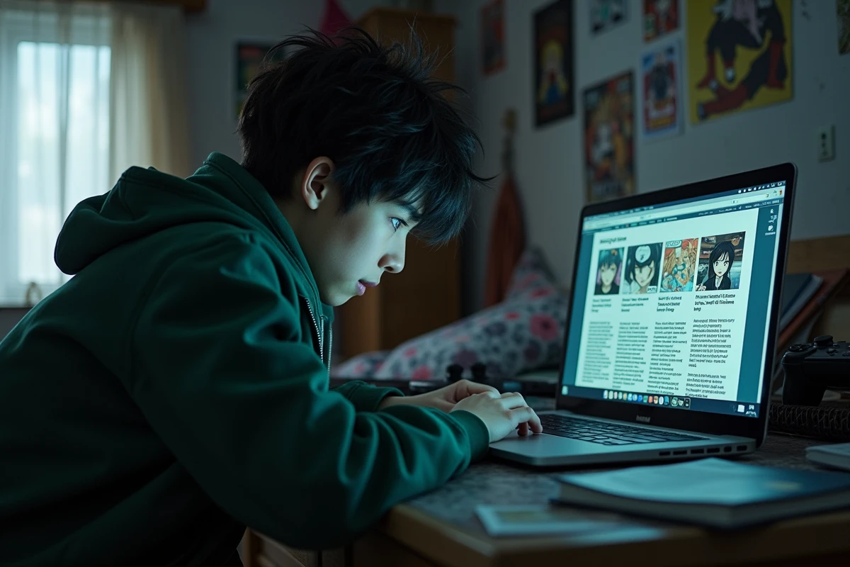 Adolescent lisant des scans manga sur un site non officiel comme Scan-Manga ou CrunchyScan depuis son bureau de chambre