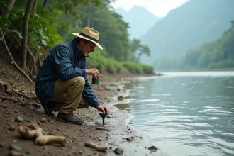 Scientifique en plein air recueillant un échantillon d'eau dans une forêt tropicale