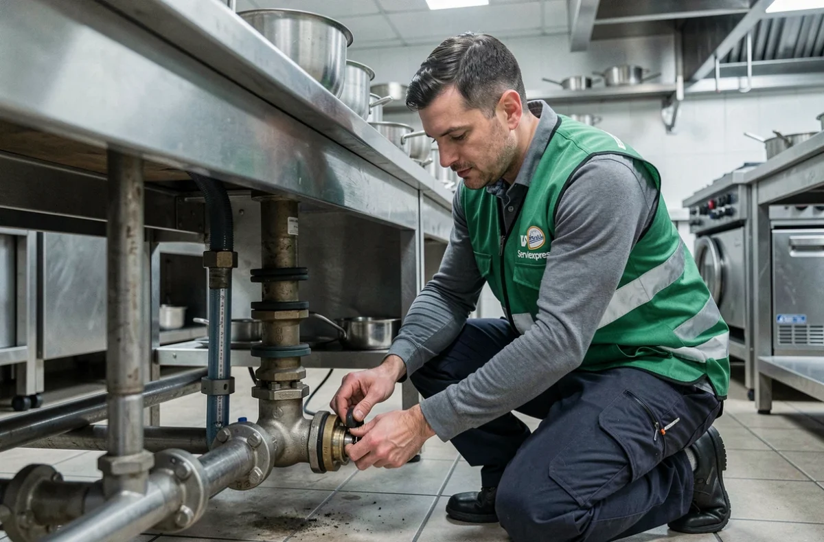Plombier Serviexpress réparant une canalisation dans une cuisine professionnelle à Toulouse