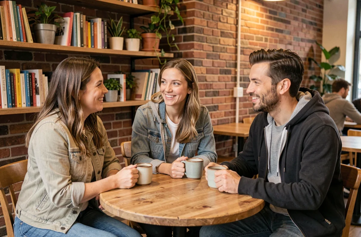 Trois adultes en conversation conviviale autour d'un café dans un établissement chaleureux à Cholet