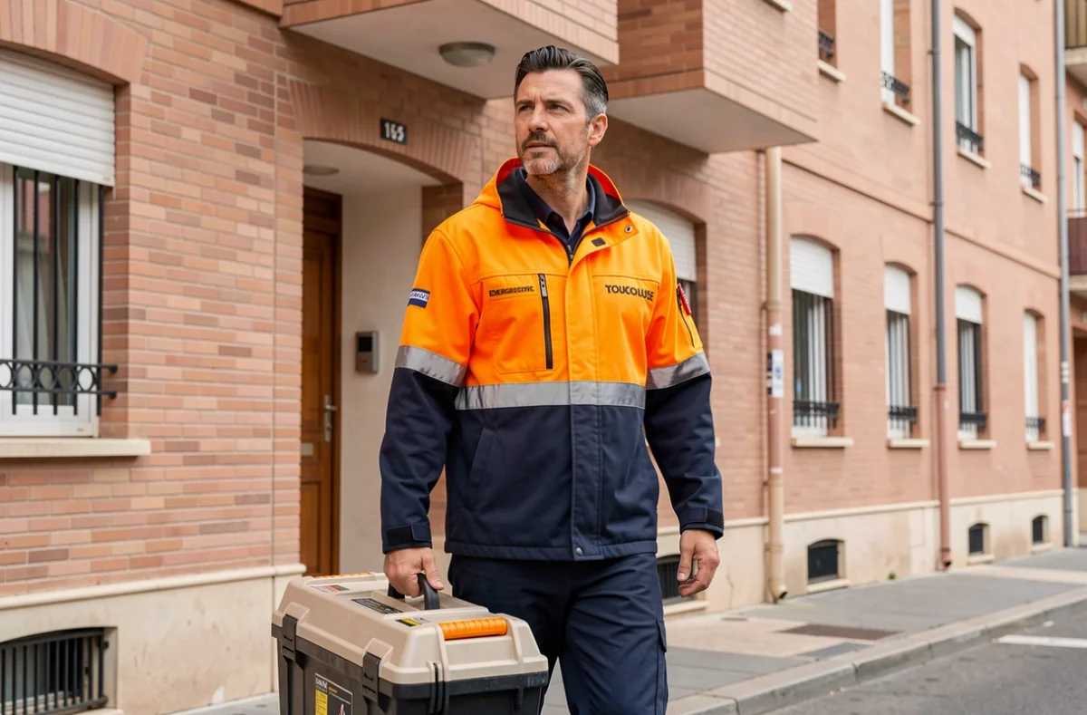 Plombier SOS Plombier Toulouse arrivant en urgence avec sa mallette d'outils devant un immeuble en briques roses