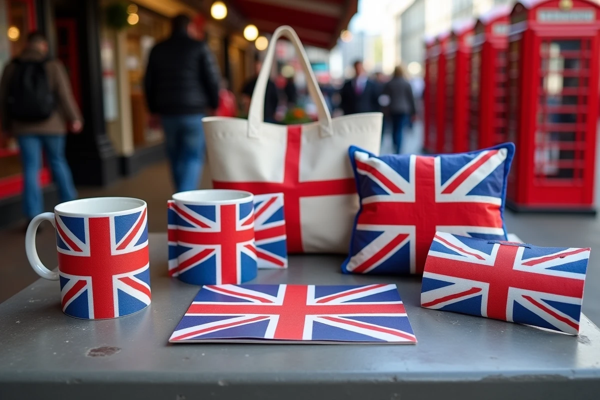 Collection de souvenirs britanniques avec différentes versions du drapeau Union Jack sur un étal de marché