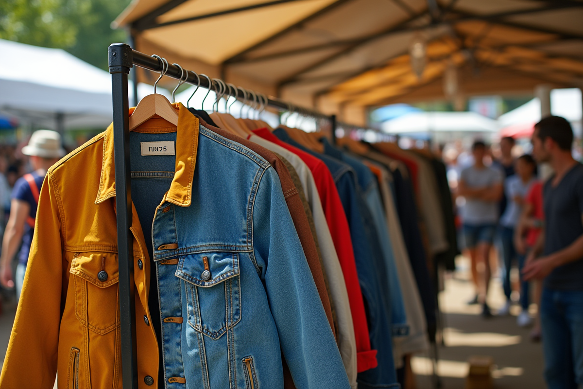 Vitrine de vêtements vintage dans un marché en plein air ensoleillé