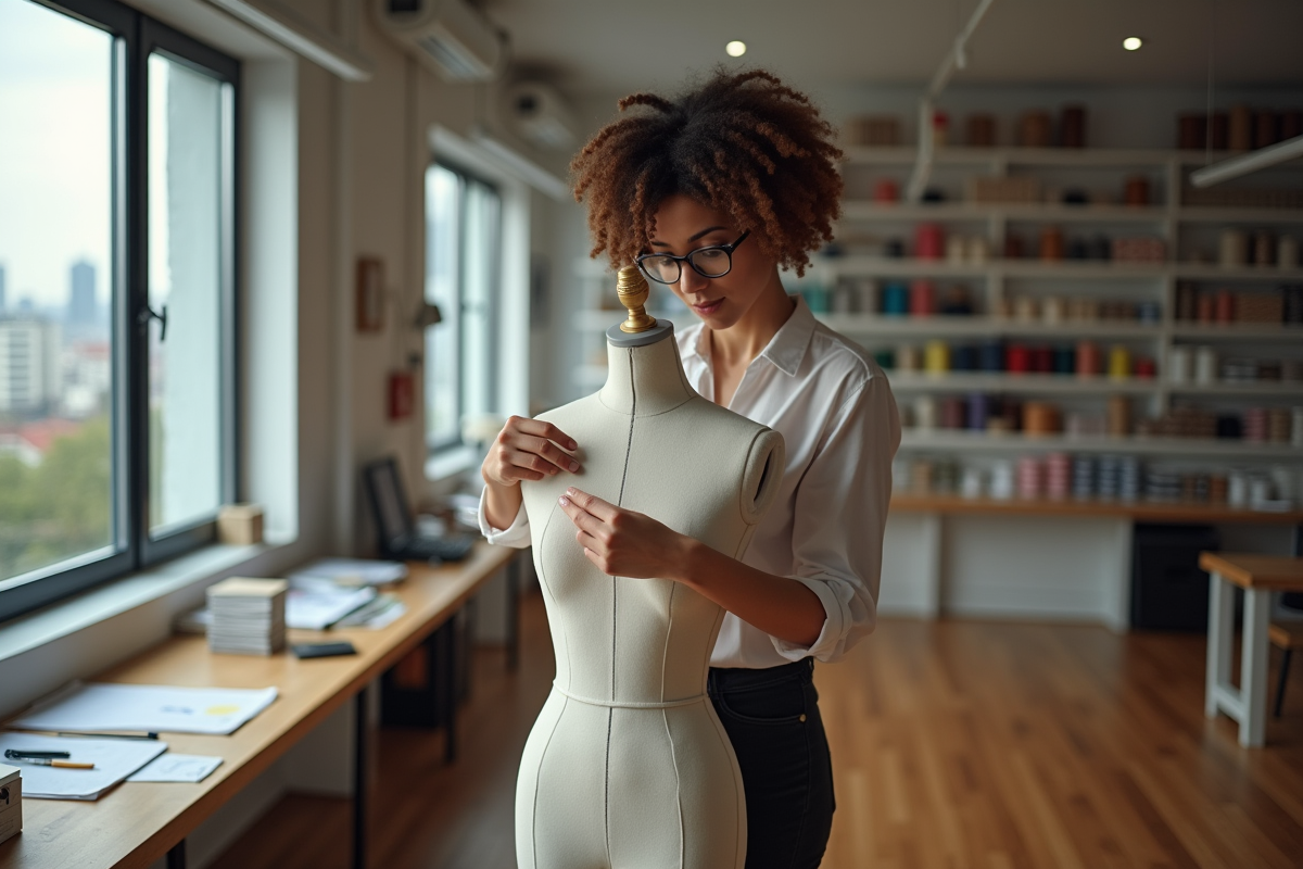 Femme technicienne ajustant un vêtement dans un atelier moderne