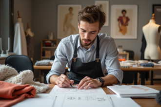 Jeune technicien mode en studio créatif examinant tissus et croquis