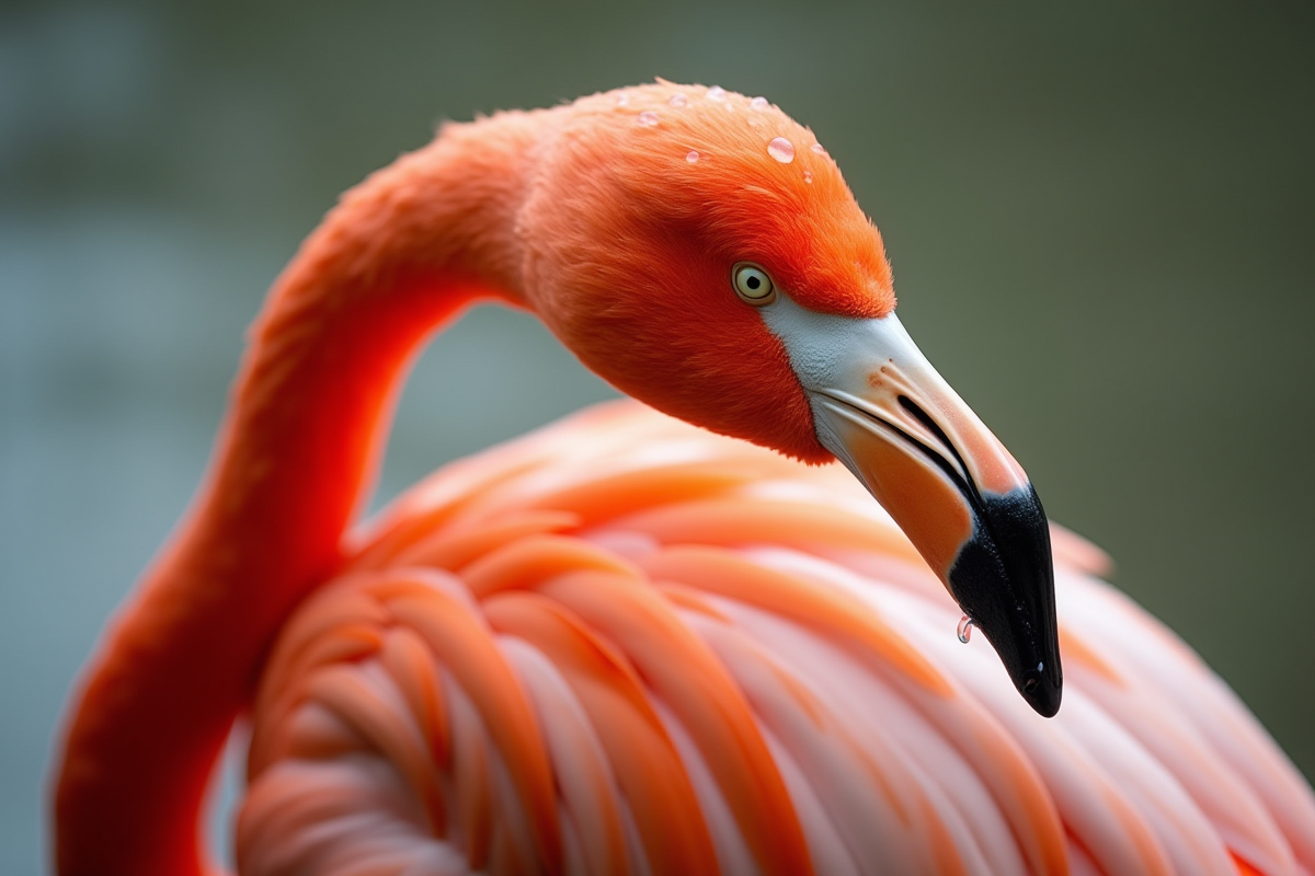 Zoom sur la tete d un flamant avec gouttes d eau