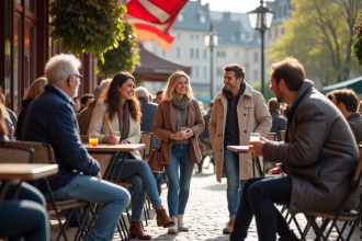 Groupe de touristes français dans un café parisien animé